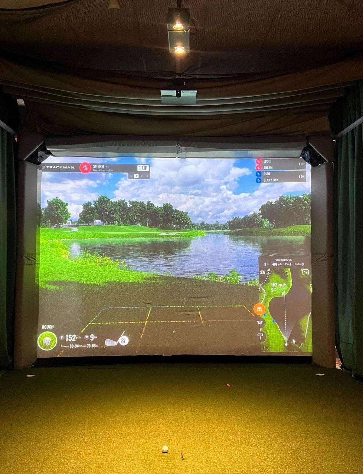 TrackMan iO simulator showing Glen Abbey golf course